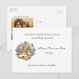 Cartão Postal De Anúncio Salve a Data Foto Pessoal & Alianças de Casamento