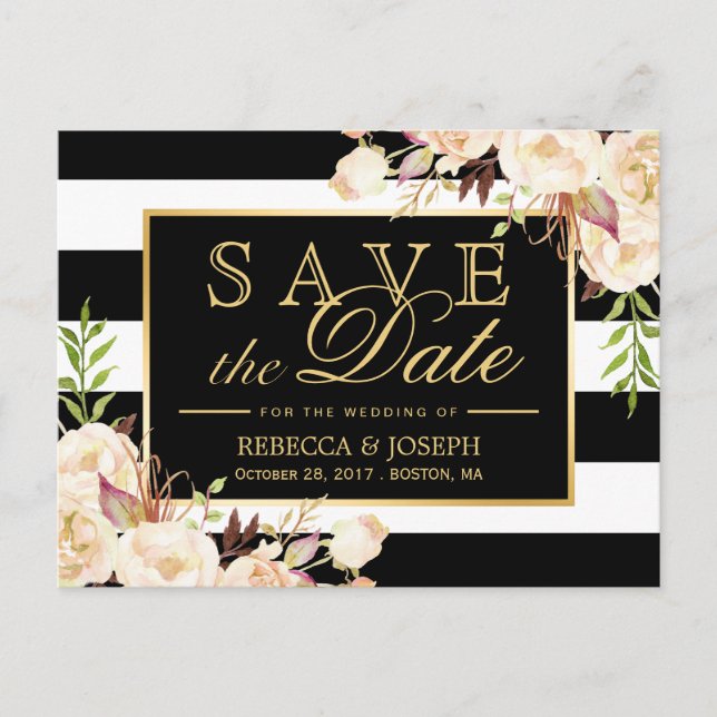 Cartão Postal De Anúncio Salve a Data - Listras Florais Tons de Marfim (Frente)