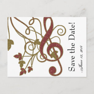 Cartão Postal De Anúncio Salve a Data Música Dourado Vermelho Glitter