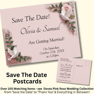 Cartão Postal De Anúncio Salve a Data - Rosas Cor-de-Rosa & Pombas Casament