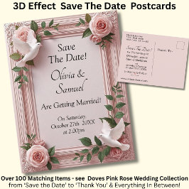 Cartão Postal De Anúncio Salve a Data - Rosas Rosa e Pombas Casamento