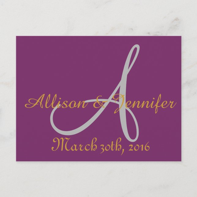 Cartão Postal De Anúncio Salve a data Roxo e Dourado (Frente)