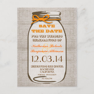 Cartão Postal De Anúncio salve a data rustic burlap mason jar