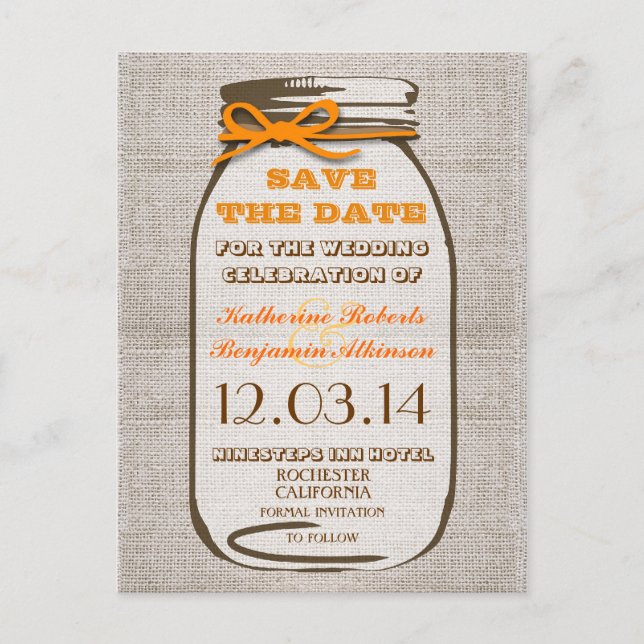 Cartão Postal De Anúncio salve a data rustic burlap mason jar (Frente)