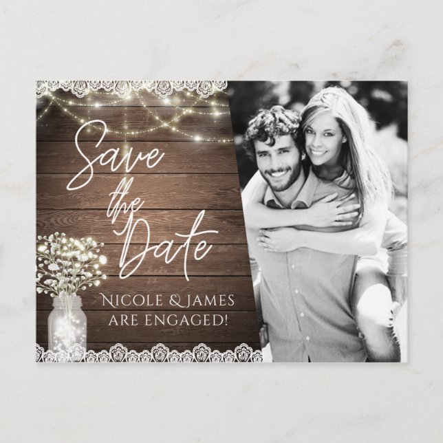 Cartão Postal De Anúncio Salve a data Rustic Mason Jar Baby Foto de respira (Frente)