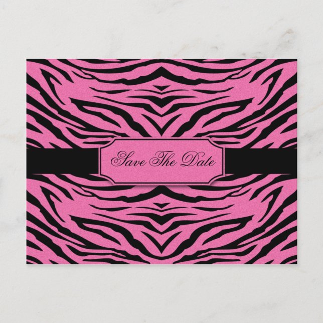 Cartão Postal De Anúncio Salve a Data Zebra Preto Rosa (Frente)