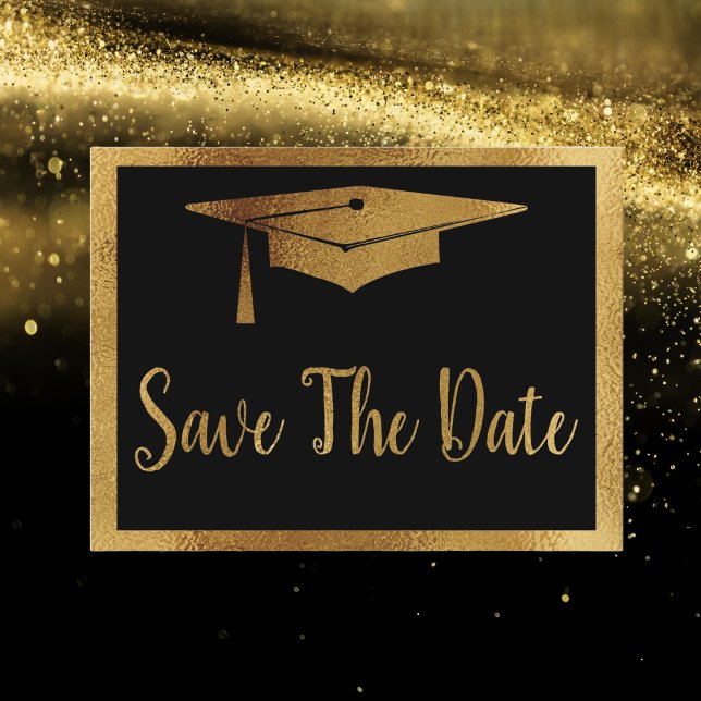 Cartão Postal De Anúncio Salve A Graduação De Data - Estilo Dourado Preto E (Black and Gold Graduation Save The Date Announcement Card)