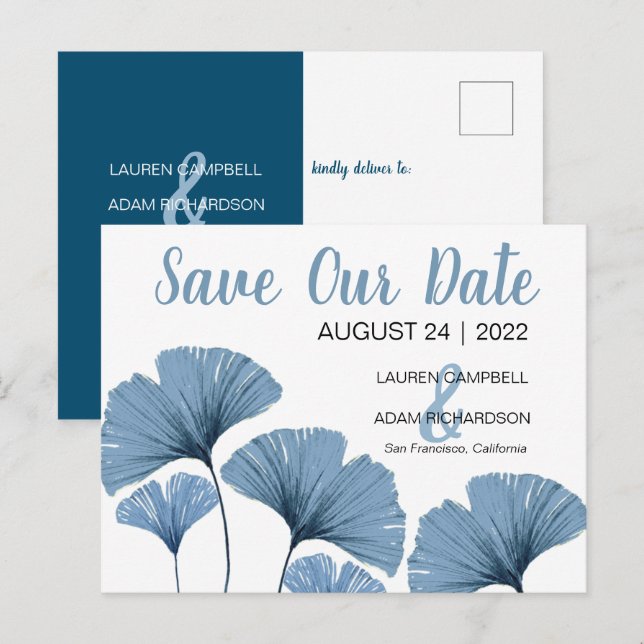 Cartão Postal De Anúncio Salve nossa data casamento azul e branco (Frente/Verso)