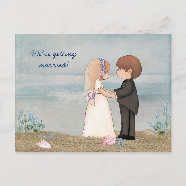 Cartão Postal De Anúncio Salve o casal bonitinho da Data na praia (Frente)