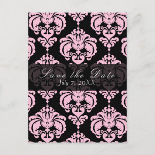 Cartão Postal De Anúncio Salve o Dia do Casamento Black & Pink Damask Chic