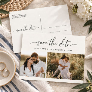 Cartão Postal De Anúncio Salve o Dia do Casamento com Duas Fotos com Roteir