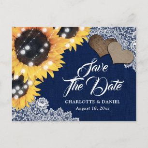 Cartão Postal De Anúncio Salve o Dia do Casamento de Girassóis em Lona Azul