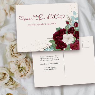 Cartão Postal De Anúncio Salve o Dia Floral em Vermelho Borgonha e Rosa Mar