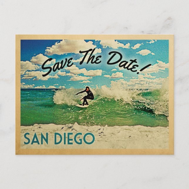 Cartão Postal De Anúncio San Diego Salve A Data Do Surfe Na Califórnia (Frente)