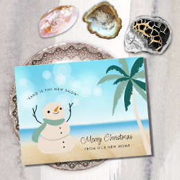 Cartão Postal De Anúncio Sandy Snowman Palm Tree on Beach New Home