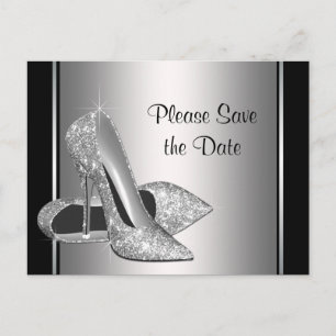 Cartão Postal De Anúncio Sapato de Salto Alto Prateado Save The Date