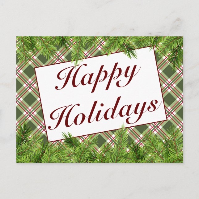 Cartão Postal De Anúncio Saudações de Feliz Natal em Xadrez Verde Vermelho  (Frente)