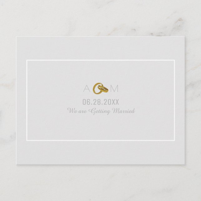 Cartão Postal De Anúncio save-the-date . alianças de casamento casando (Frente)