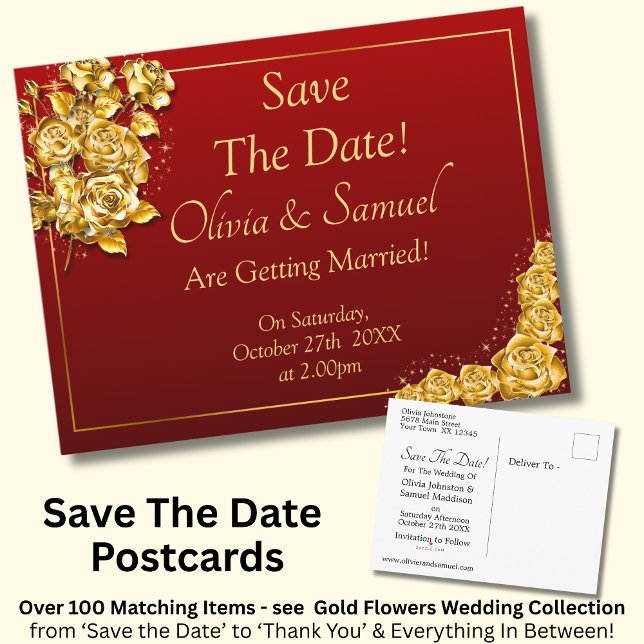 Cartão Postal De Anúncio Save The Date - Gold Roses on Maroon Red  (Criador carregado)