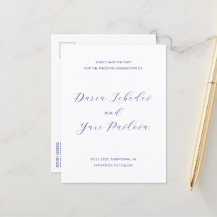 Cartão Postal De Anúncio Save the Date Minimalista de Casamento Azul Cobalt