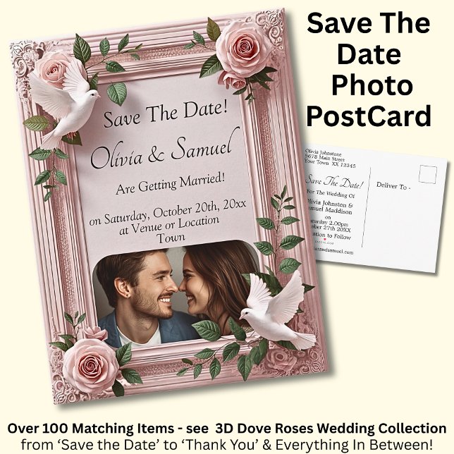 Cartão Postal De Anúncio Save The Date, Photo - Dove & Pink Roses (Criador carregado)