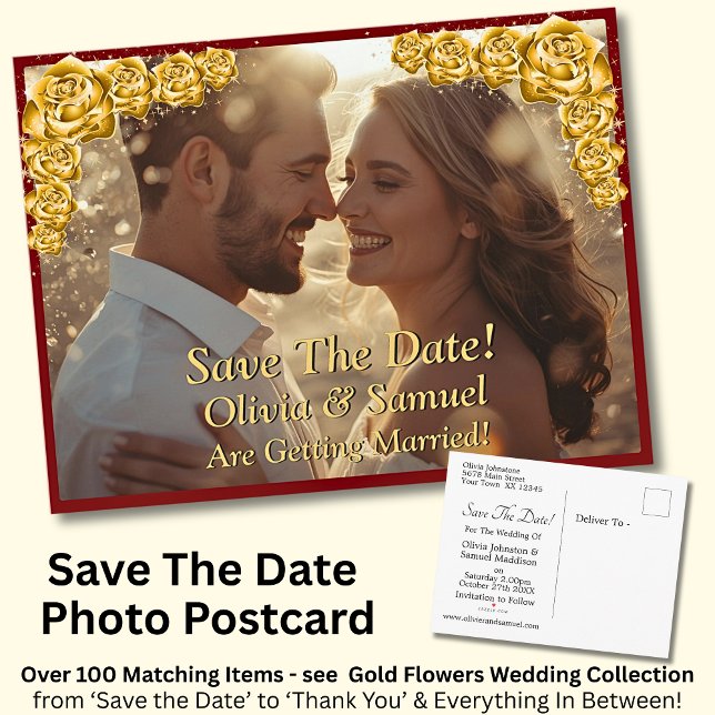 Cartão Postal De Anúncio Save The Date, Photo - Gold Roses Maroon Red (Criador carregado)