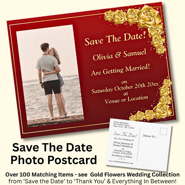 Cartão Postal De Anúncio Save The Date, Photo - Gold Roses Maroon Red  (Criador carregado)