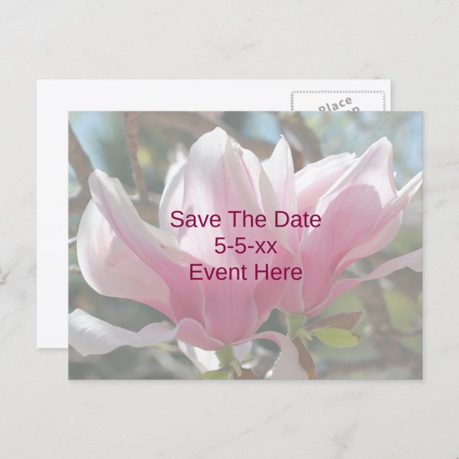 Cartão Postal De Anúncio Save The Date Pink Magnolia Flower  (Frente/Verso)