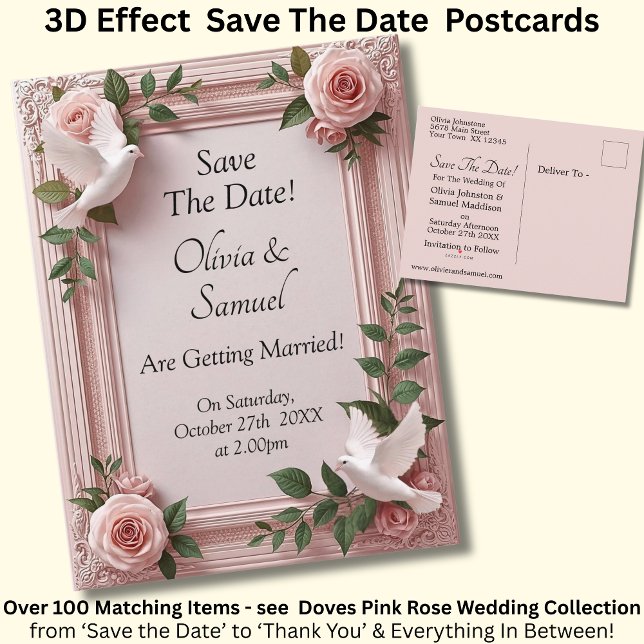 Cartão Postal De Anúncio Save The Date - Pink Roses & Doves Wedding (Criador carregado)