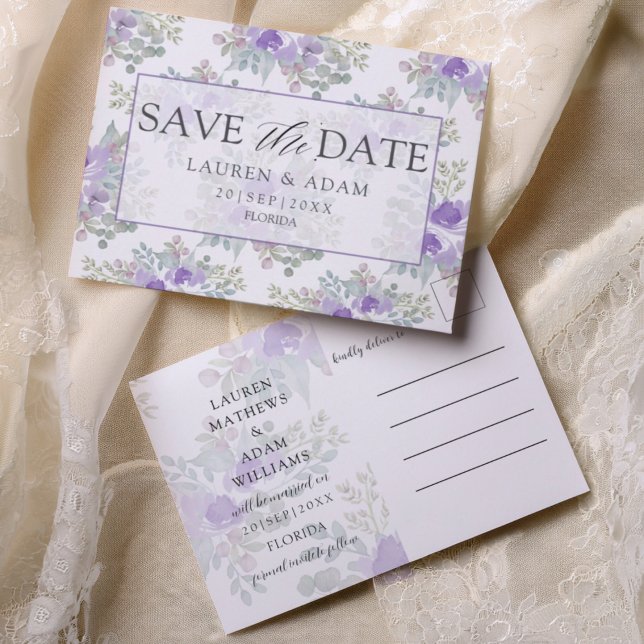 Cartão Postal De Anúncio Save the Date Purple Floral Wedding (Criador carregado)