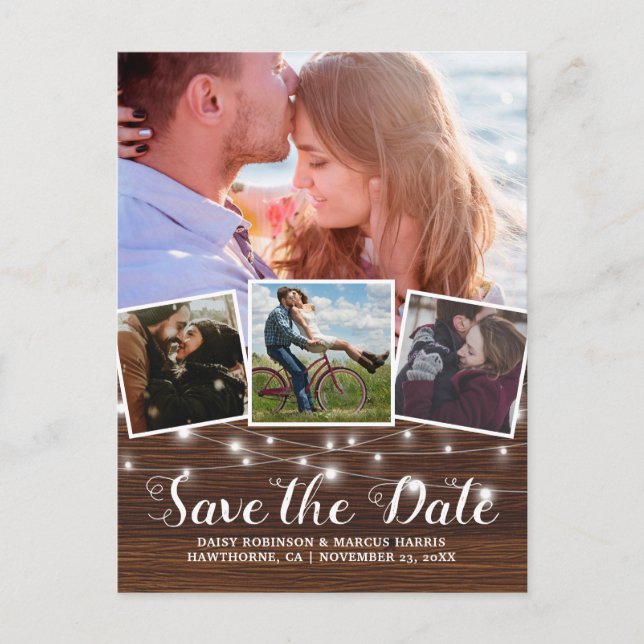 Cartão Postal De Anúncio Save The Date Rústico Madeira 4 Fotos (Frente)