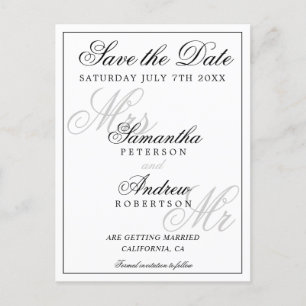 Cartão Postal De Anúncio Script branco preto clássico legante salvar a data