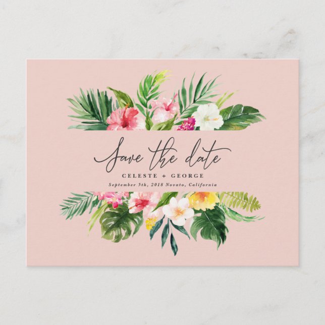 Cartão Postal De Anúncio Script de folhagem de aquarela tropical salvar a d (Frente)