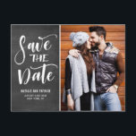 Cartão Postal De Anúncio Script de Letreiro à Mão Quadro-Negro Foto Salvar<br><div class="desc">Cartão postal de salvar a data personalizável com caligrafia à mão e fundo de quadro-negro falso. Personalize este cartão plano adicionando sua própria foto e detalhes.</div>