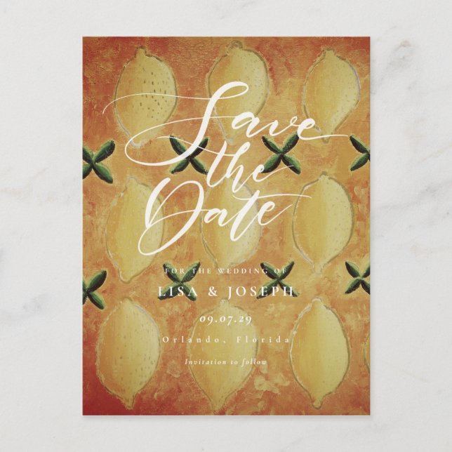 Cartão Postal De Anúncio Script de País de Fruta de Limões Salvar a Data (Frente)