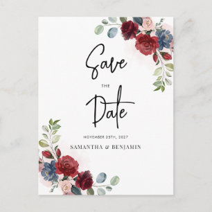 Cartão Postal De Anúncio Script Floral Bordeaux Casamento Save The Date