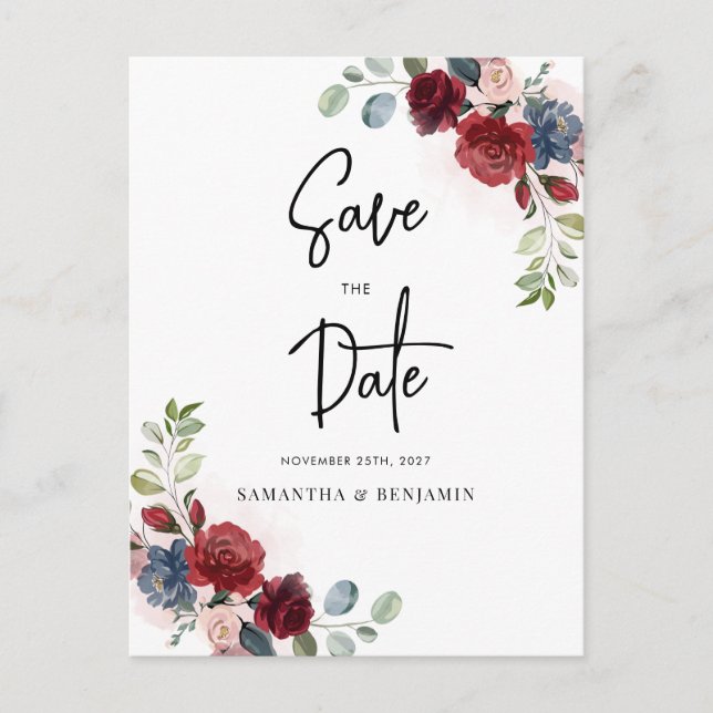 Cartão Postal De Anúncio Script Floral Bordeaux Casamento Save The Date (Frente)
