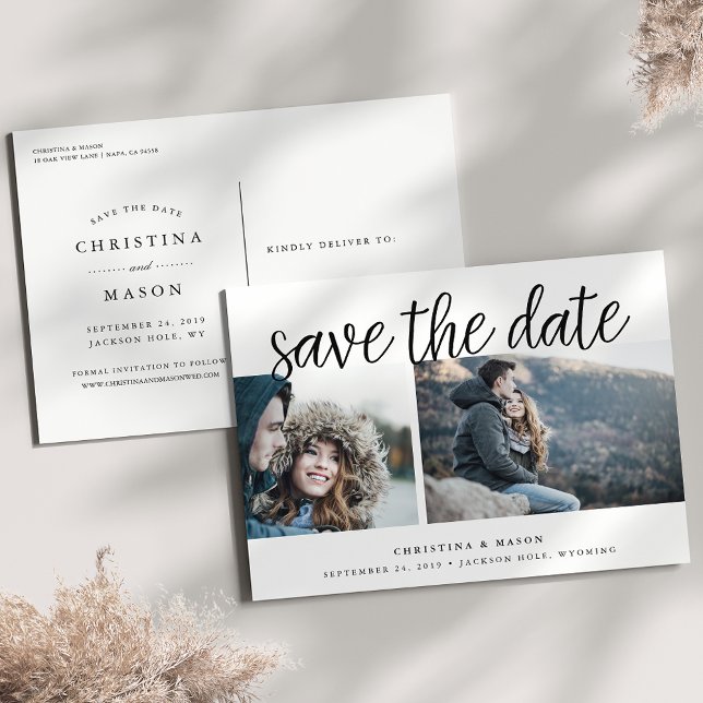 Cartão Postal De Anúncio Script Manuscrito Duas Fotografias Salvar a Data (Criador carregado)