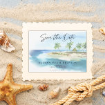 Cartão Postal De Anúncio Script Moderno de Praia do Oceano Tropical Salvar<br><div class="desc">Cartaz de casamento do Modern Tropical Ocean Beach Script Save the Date Announement Wedding - Anuncie sua data de casamento com nosso anúncio de convite para praia de na moda com uma linda cena tropical de praia de aquarela. Uma praia quente de areia com água turquesa e palmeiras decoradas com...</div>