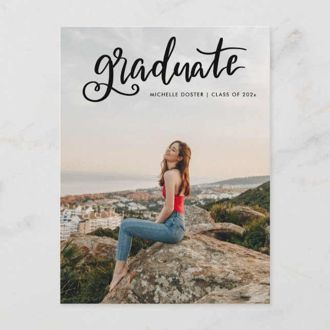 Cartão Postal De Anúncio Script Preto do Formando Casual Manuscrito | Foto (Frente)