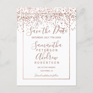 Cartão Postal De Anúncio script rosa gold confetti white salvar a data