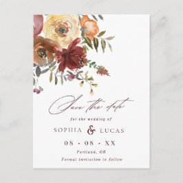 Cartão Postal De Anúncio Script Rust Borgonha Floral Casamento Save the Dat