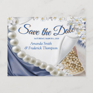 Cartão Postal De Anúncio Seda Azul & Pérolas de Marfim Salve a Data
