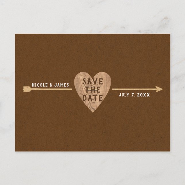 Cartão Postal De Anúncio Seta Cardíaca Rustic Brown Kraft Salve a Data (Frente)