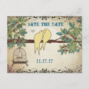 Cartão Postal De Anúncio Silhueta Amarela Pássaros Gaiola Save the Date