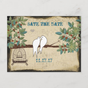 Cartão Postal De Anúncio Silhueta Pombas Gaiola Save the Date
