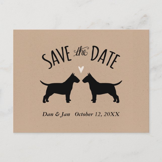 Cartão Postal De Anúncio Silhuetas de Bull Terrier Casamento Save the Date (Frente)