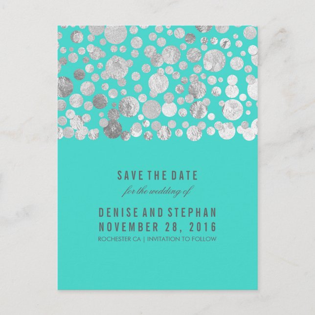 Cartão Postal De Anúncio Silver Foil Confetti Teal Salvar Data (Frente)
