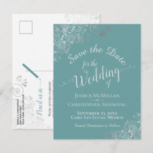 Cartão Postal De Anúncio Silver Frills em Aqua Teal Wedding Salvar Data