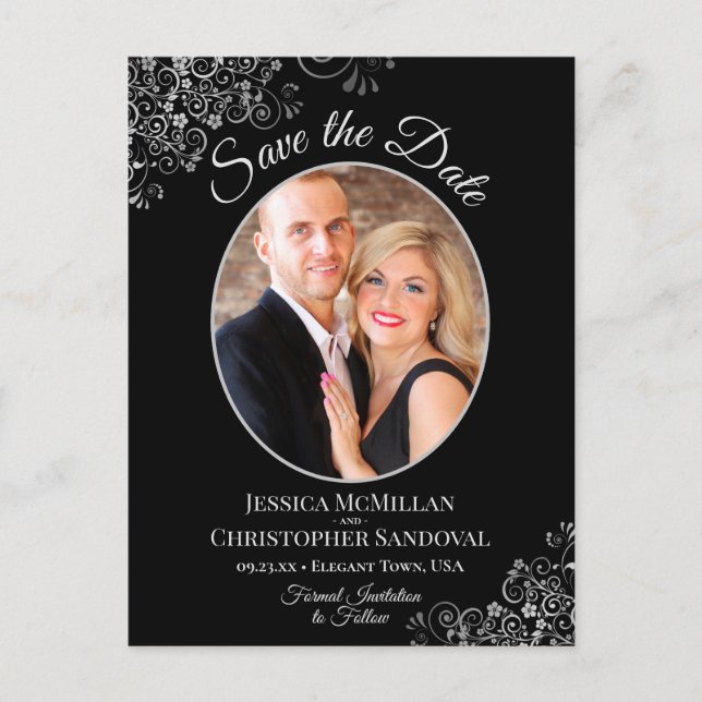 Cartão Postal De Anúncio Silver Frills em Black Weding Save the Date Photo (Frente)